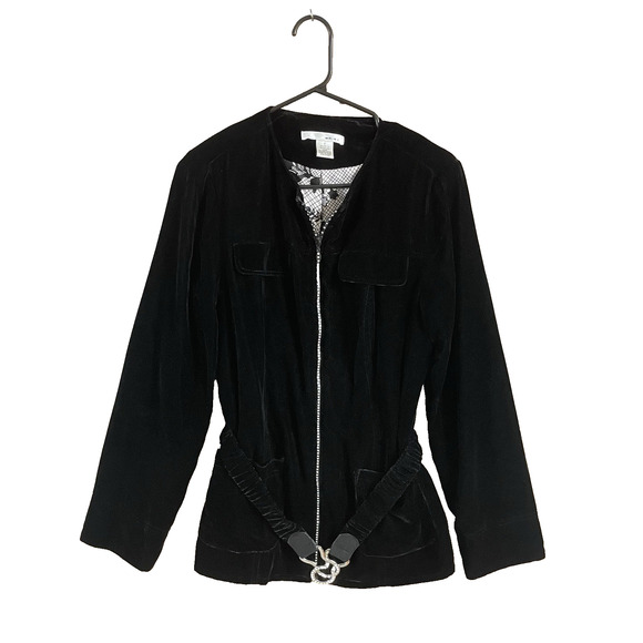Vintage Women’s Jacket Y2K Black Velvet Full Zip Rhinestone Detail Belted Bling - Picture 1 of 11